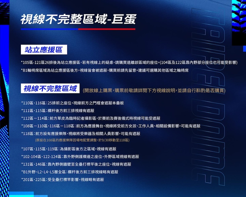 棒球12強台北大巨蛋座位視線不良區。